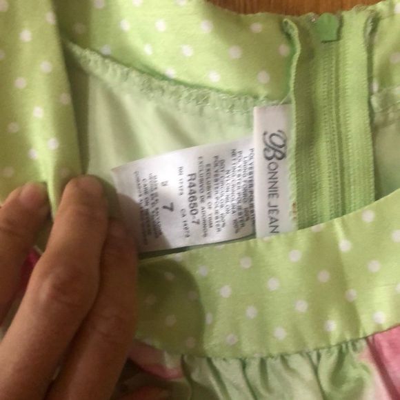 •BONNIE JEAN•GREEN & PINK FLORAL WITH POLKA DOT TRIM DETAIL DRESS SIZE 7 EUC - Picture 5 of 7